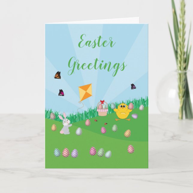 Personalised Colourful Easter Egg Hunt Bunny Chick Holiday Card (Front)