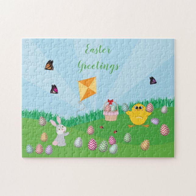 Personalised Colourful Easter Egg Hunt Bunny Chick Jigsaw Puzzle (Horizontal)