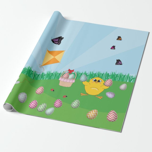 Personalised Colourful Easter Egg Hunt Bunny Chick Wrapping Paper (Unrolled)