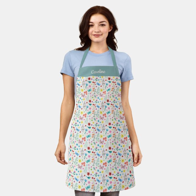 Personalised Colourful Floral Pattern Apron (Worn)