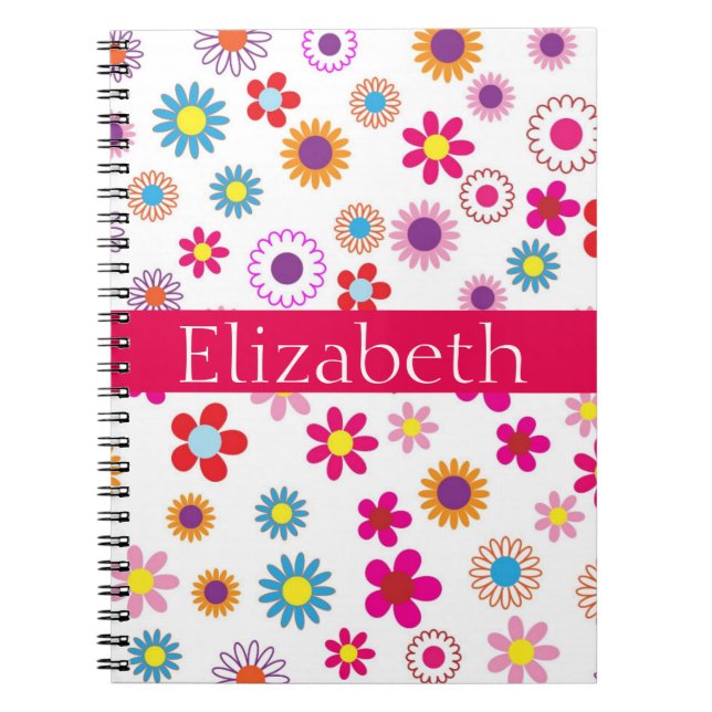 Personalised Colourful Floral Pattern Pink White Notebook (Front)