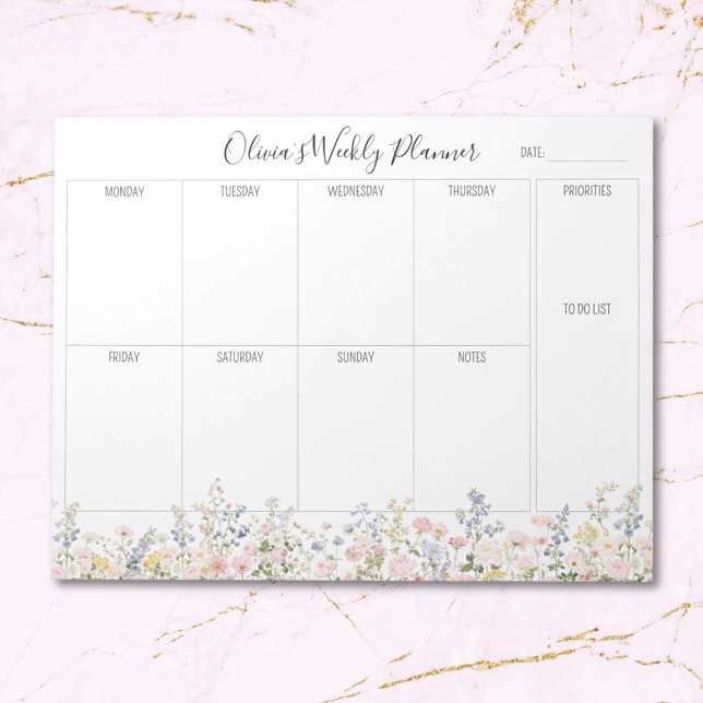 Personalised Colourful Flower Floral Weekly Planne Notepad (Close up)