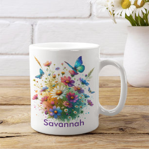 Personalised Colourful Flowers and Butterflies Coffee Mug
