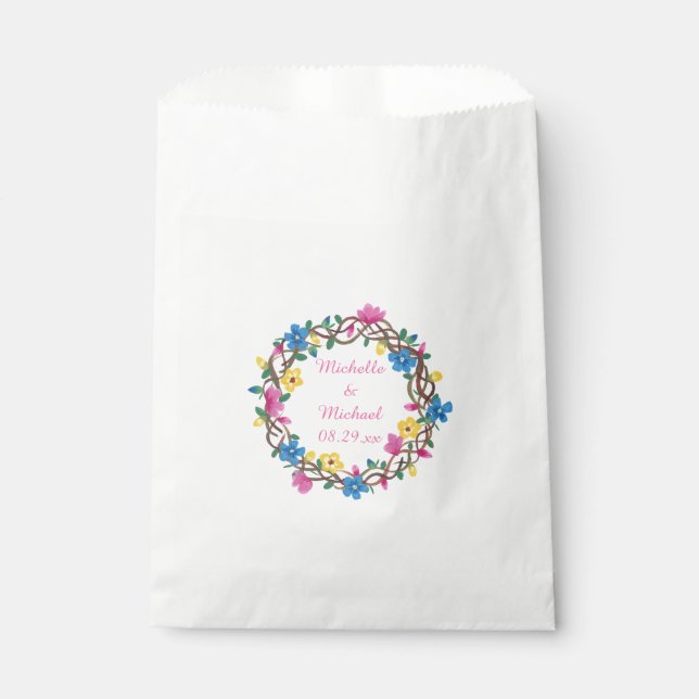 Personalised Colourful Flowers Wedding Favour Bags (Front)