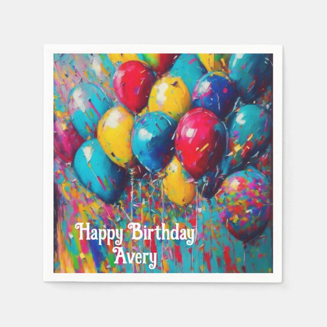 Personalised Colourful Fun Birthday Balloons Cake Napkin (Front)