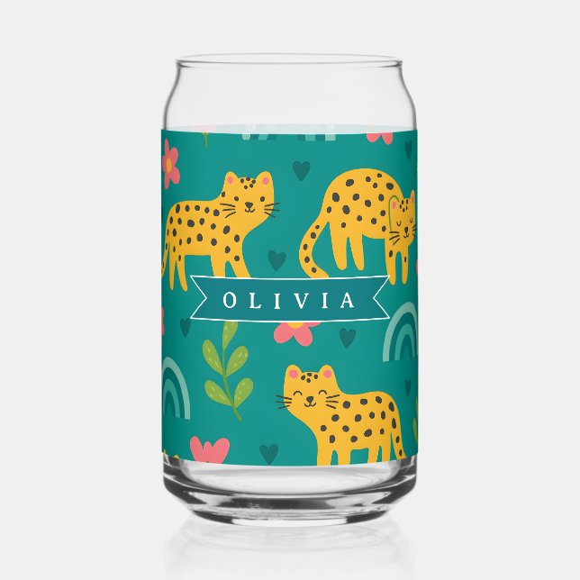 Personalised Colourful Fun Leopard Jungle Name Gif Can Glass (Front)