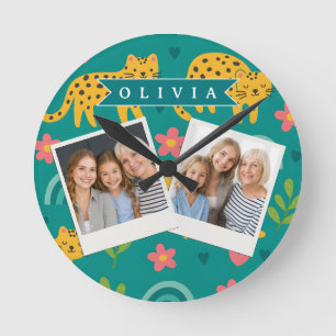 Personalised Colourful Fun Leopard Jungle Name Gif Round Clock