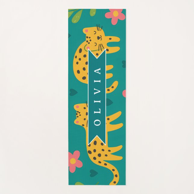 Personalised Colourful Fun Leopard Jungle Name Gif Yoga Mat (Front)