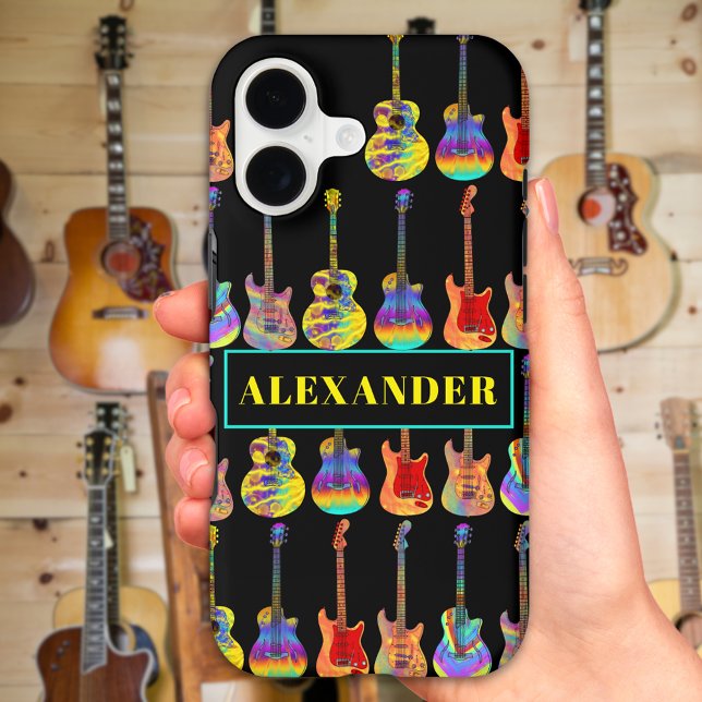 Personalised Colourful Guitars on Black (Personalized Colorful guitar monogram name phone case Psychedelic pop art acoustic electric guitars)