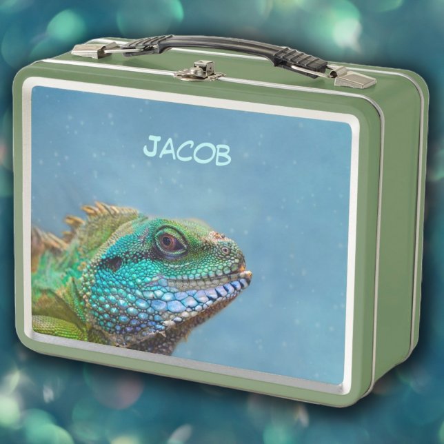 Personalised Colourful Iguana Reptile Metal Lunch Box (Personalized Colorful Iquana Reptile Metal Lunch Box)