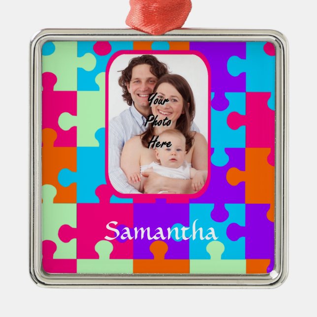 Personalised colourful jigsaw metal tree decoration (Front)