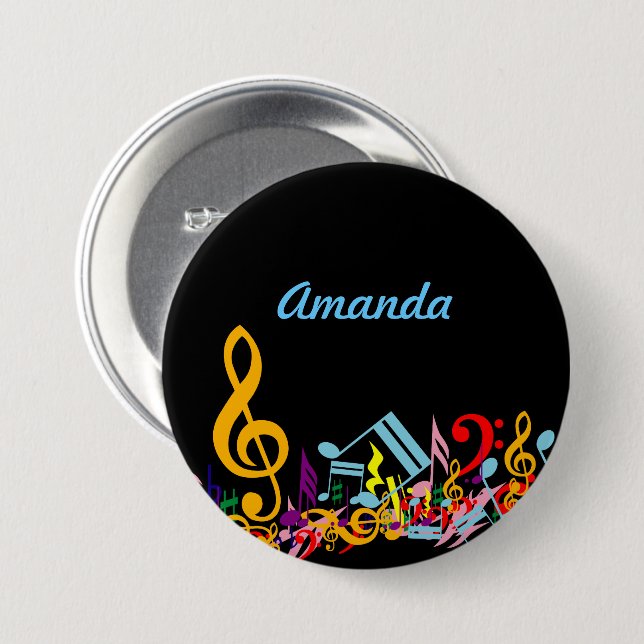 Personalised Colourful Jumbled Music Notes on Blac 7.5 Cm Round Badge (Front & Back)