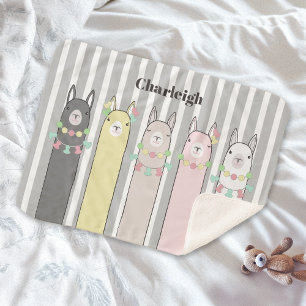 Personalised Colourful Llamas Cute Animal Kids Sherpa Blanket