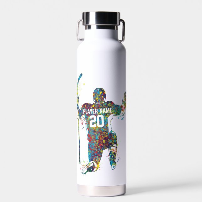 Personalised colourful Man/Boy hockey player Water Bottle (Front)