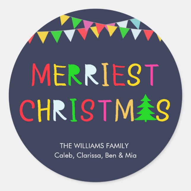 Personalised Colourful Merriest Christmas Navy Classic Round Sticker (Front)