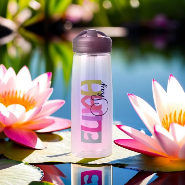 Personalised Colourful Name Pink Blue Violet Text Water Bottle (Modern personalized colorful name water bottle)