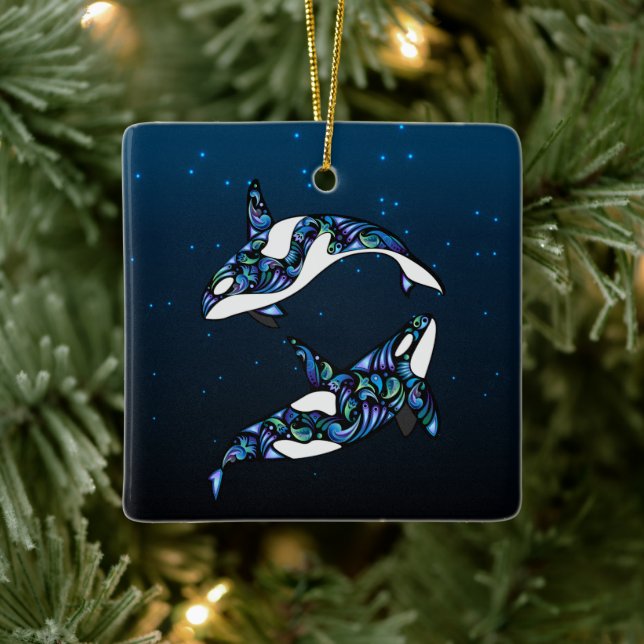 Personalised Colourful Orca Whales  Ceramic Ornament (Tree)