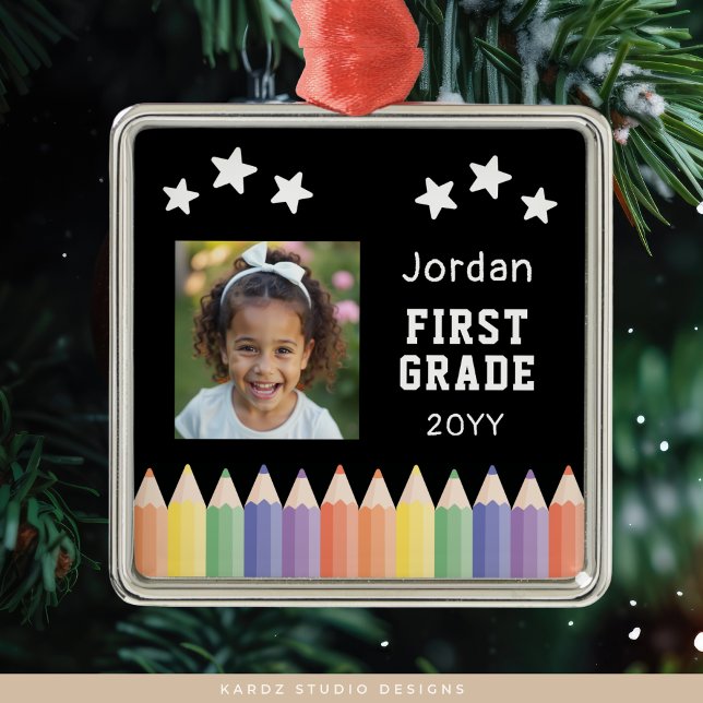 Personalised Colourful Photo First Grade Keepsake Metal Ornament (Ornament shown in 1 one-sided metal style. Add your kids picture, name and grade.)