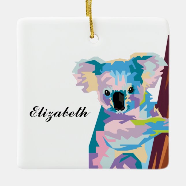Personalised Colourful Pop Art Koala Ceramic Tree Decoration (Front)