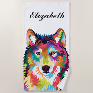 Personalised Colourful Pop Art Wolf Beach Towel