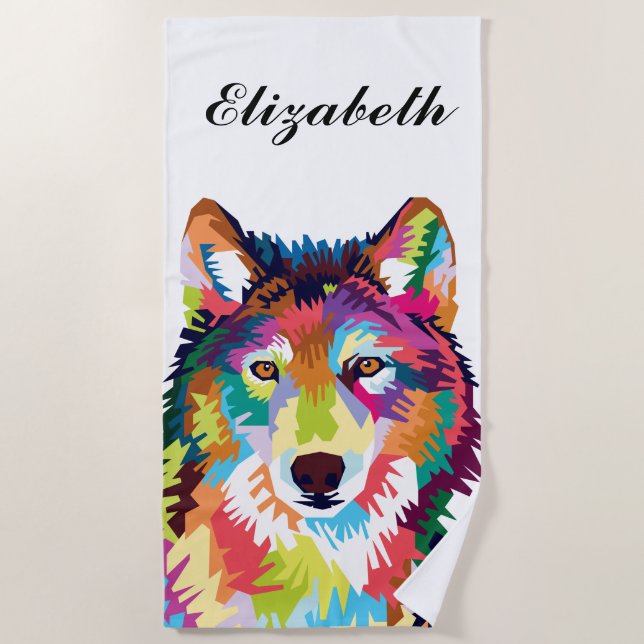 Personalised Colourful Pop Art Wolf Beach Towel (Front)