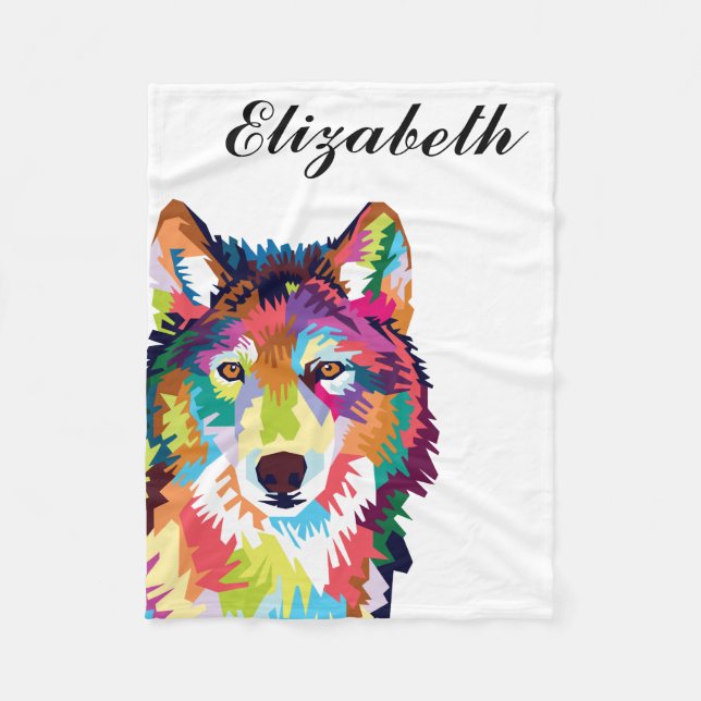 Personalised Colourful Pop Art Wolf Fleece Blanket (Front)