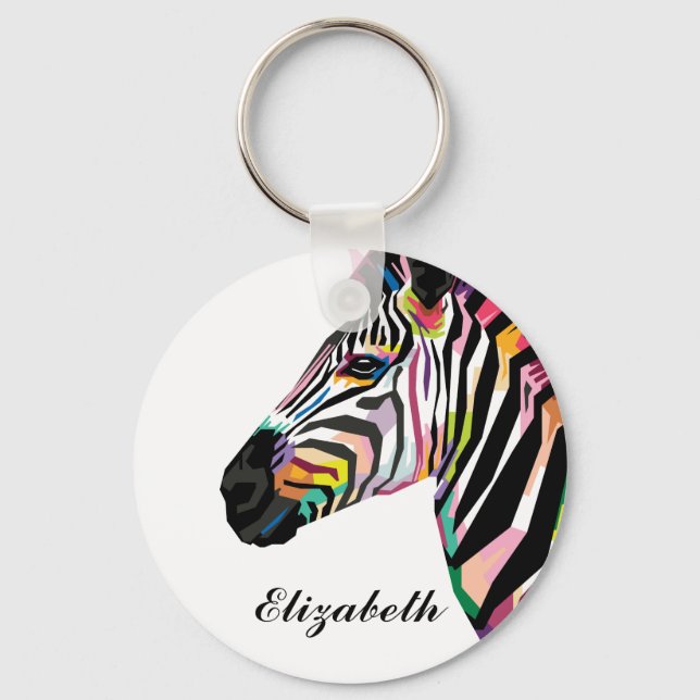 Personalised Colourful Pop Art Zebra Key Ring (Front)