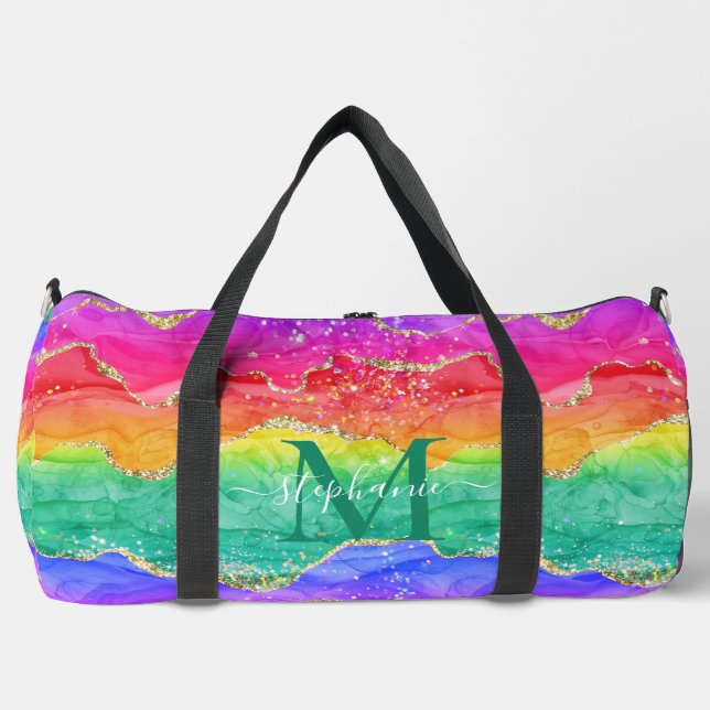 Personalised Colourful Rainbow Glitter Gold Agate Duffle Bag (Front)