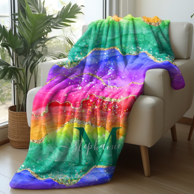 Personalised Colourful Rainbow Glitter Gold Agate Sherpa Blanket (Bright Colorful Rainbow Glitter Gold Agate Sherpa Blanket)