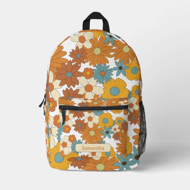 Personalised Colourful Retro Flower Pattern Name Printed Backpack (Front)
