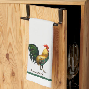 Personalised Colourful Rooster vintage watercolor Tea Towel