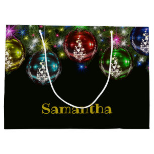 Personalised Colourful Sparkling Ornaments on Blac Large Gift Bag