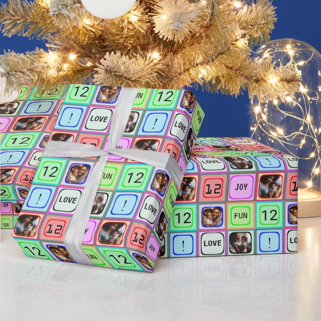 Personalised Colourful Squares with Text, 3 Photos Wrapping Paper (Holidays)