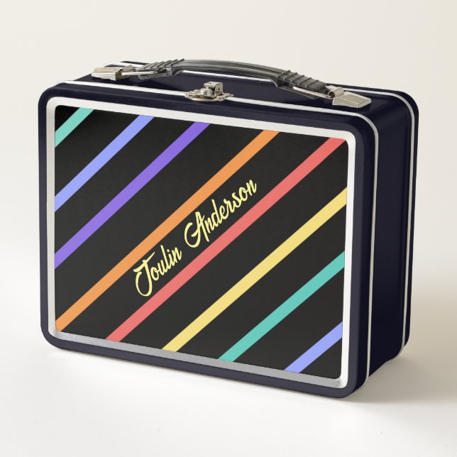 Personalised Colourful Striped Pattern Metal Lunch Box (Front)