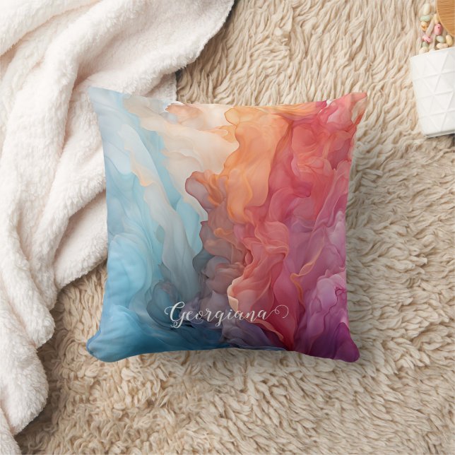 Personalised Colourful Sunset on Sea Alcohol Ink Cushion (Blanket)