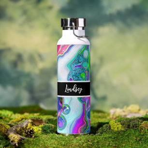 Personalised Colourful Swirls Marble Fluid Art    Water Bottle
