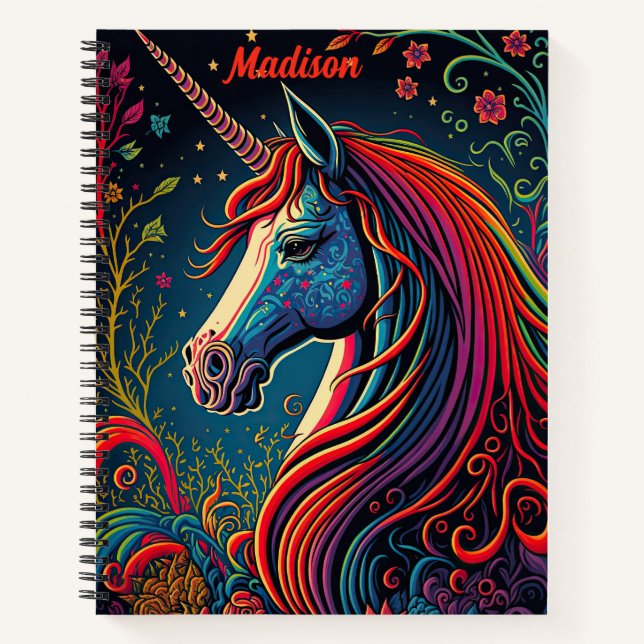 Personalised Colourful Unicorn and Flowers Notebook (Front)