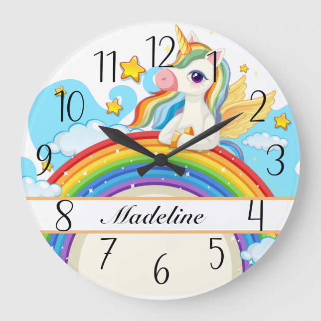 Personalised Colourful Unicorn & Rainbow Large Clo Clock (Front)
