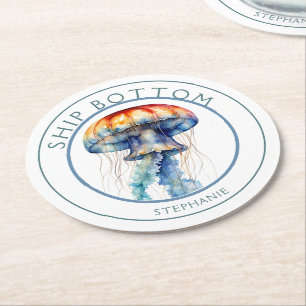 Personalised Colourful Watercolor Jellyfish Art Round Paper Coaster