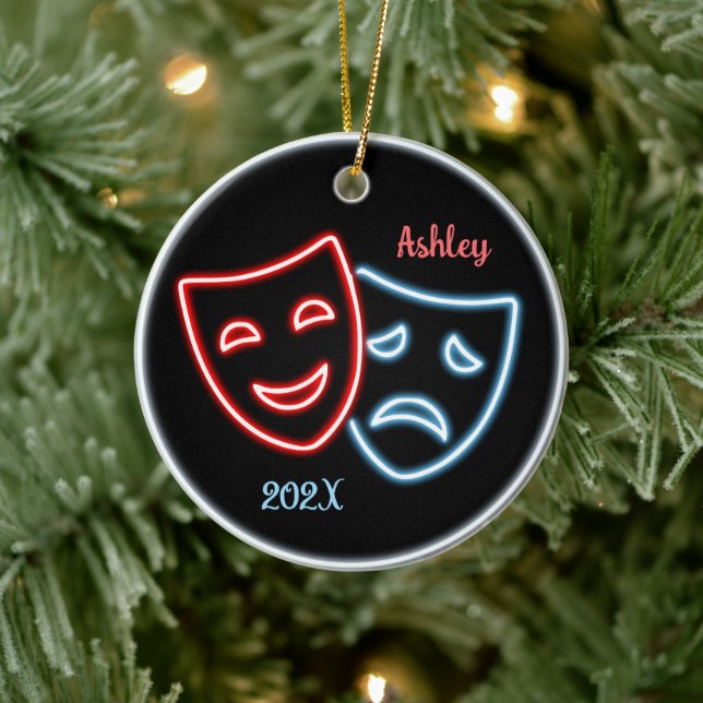 Personalised Comedy and Tragedy Masks Neon  Ceramic Ornament (Tree)