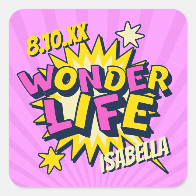 Personalised Comic Birthday Square Sticker (Front)