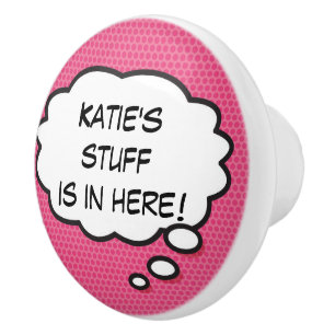 Personalised Comic Book Girly Pink Think Bubble Ceramic Knob