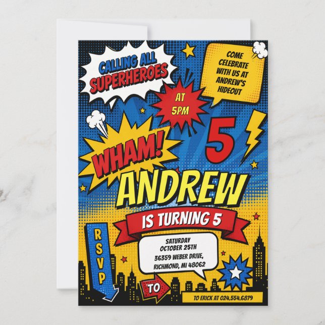 Personalised Comic Book Hero Birthday Invitation (Front)