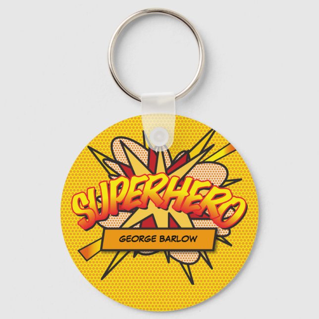 Personalised Comic Book Pop Art SUPERHERO Key Ring (Front)