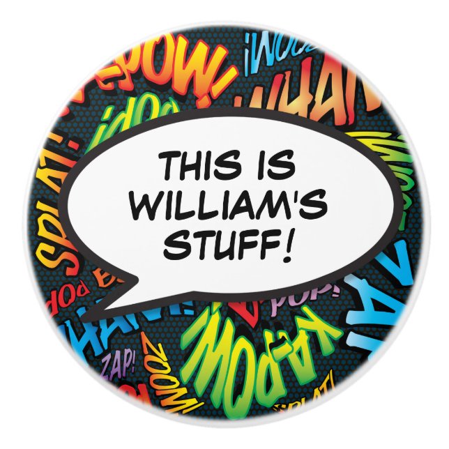 Personalised Comic Book Speech Bubble Fun Ceramic Knob (Front)