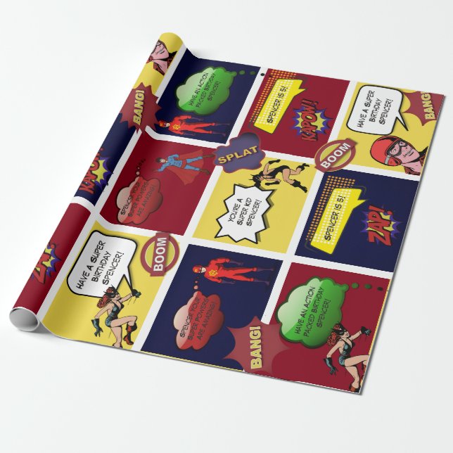 Personalised Comic Strip Birthday Wrapping Paper (Unrolled)