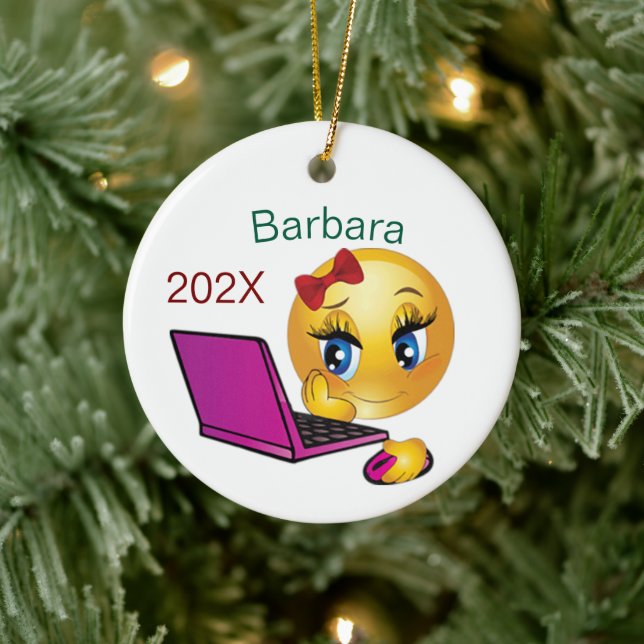 Personalised Computer Girl Christmas Tree Ceramic Ornament (Tree)