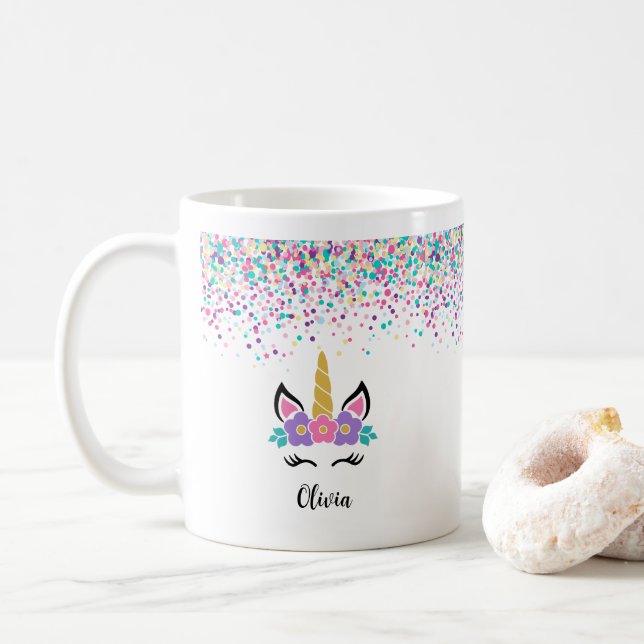 Personalised Confetti Unicorn Mug – Polka Dot mug (With Donut)