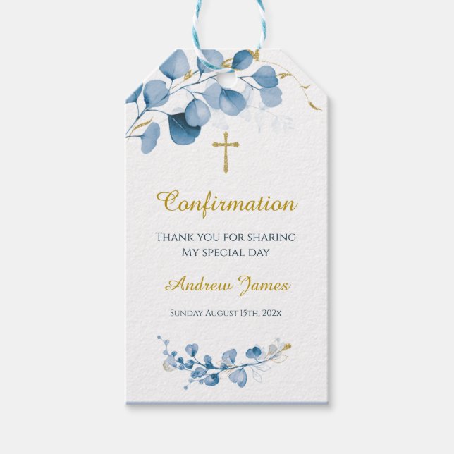 Personalised Confirmation Blue Boy Gift Tags (Front)