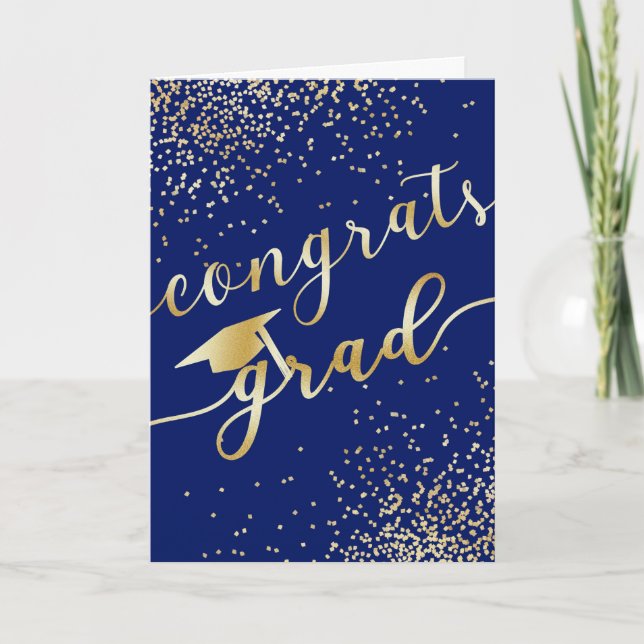 Personalised Congrats Grad Blue Gold Glitter Card (Front)